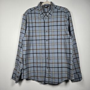 Eddie Bauer Cotton Blue Tan Long Sleeve Button Down Field Flannel Shirt Large